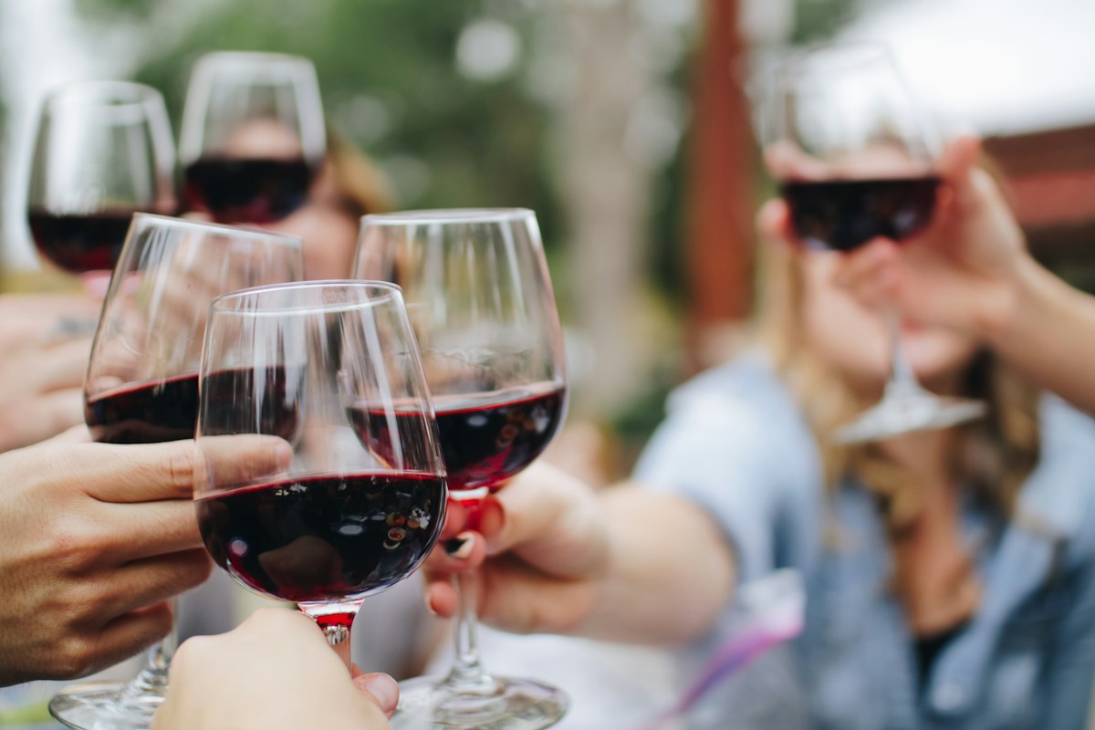 Amigos compartiendo un brindis con vino tinto